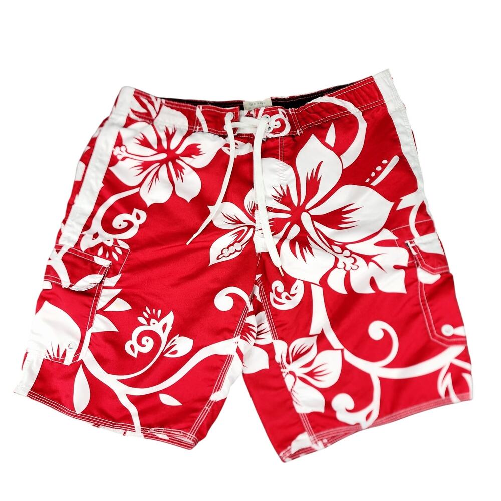 Old Navy Hawaiian Swim Trunks M Mens Shorts Red White Cargo Pockets Hibiscus 10"
